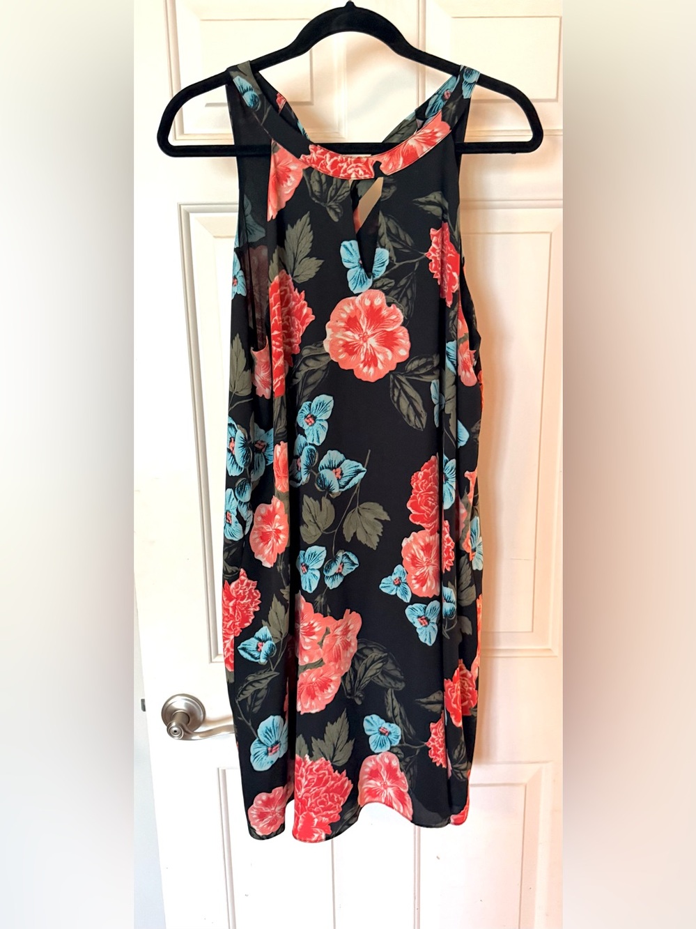 CeCe Black Midi Dress with Coral & Teal Floral Print